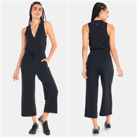Nike Pants - NIKE Yoga Cropped Wide Leg Jumpsuit in Black Dri-Fit French Terry - Size Large